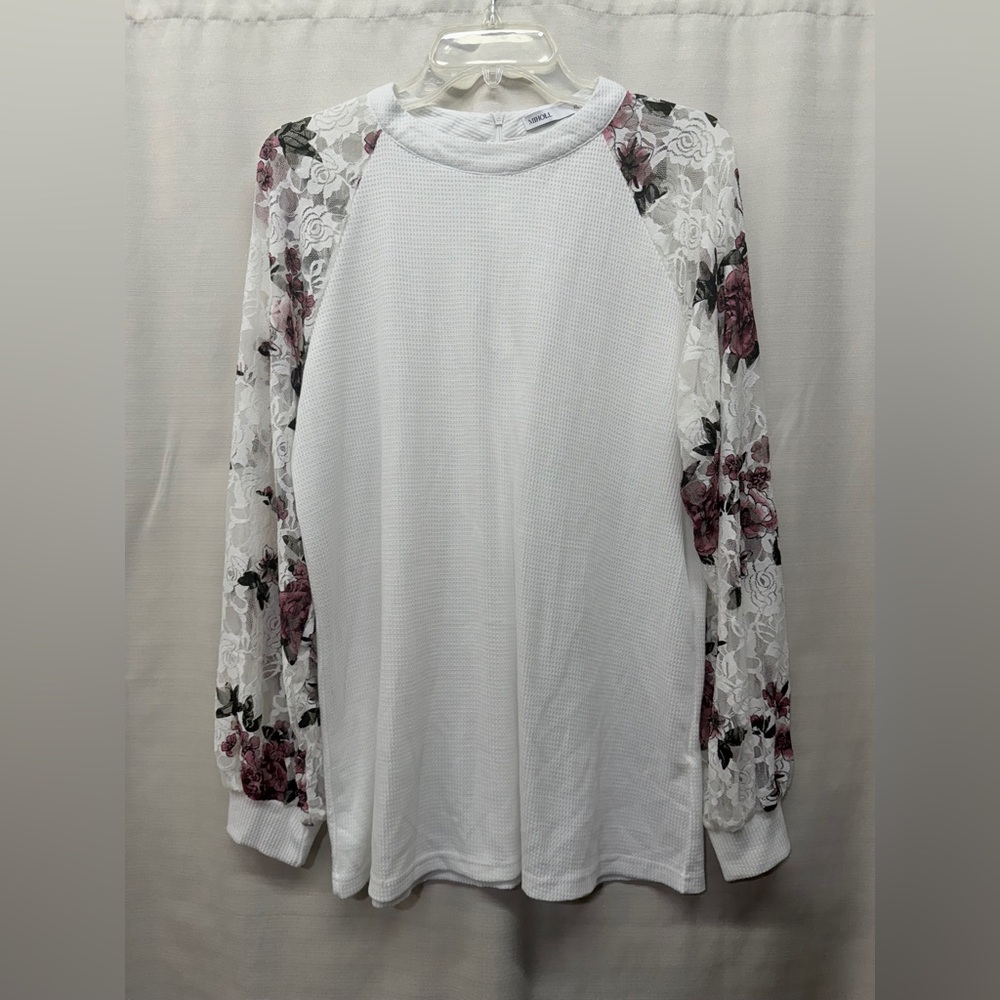 Miholl White Pullover Floral Lace Long Sleeve Crew Neck Blouse Sz XL